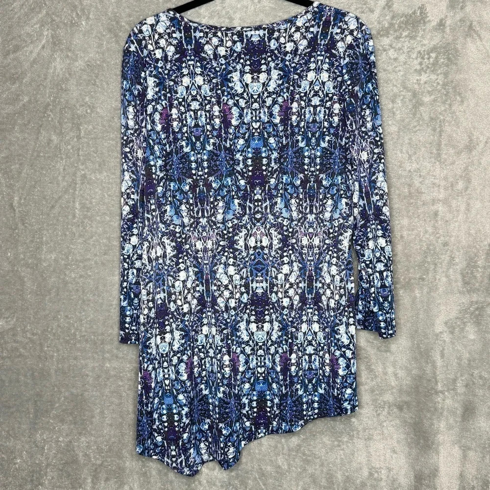 Rafaella L Large Shirt Top Blue Geometric 3/4 Sleeve Scoop Neck Asymmetrical Hem - Picture 4 of 6